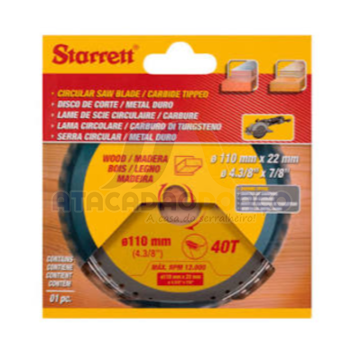 Disco de Serra P/ Madeira - 110mm x 22mm (Starrett)
