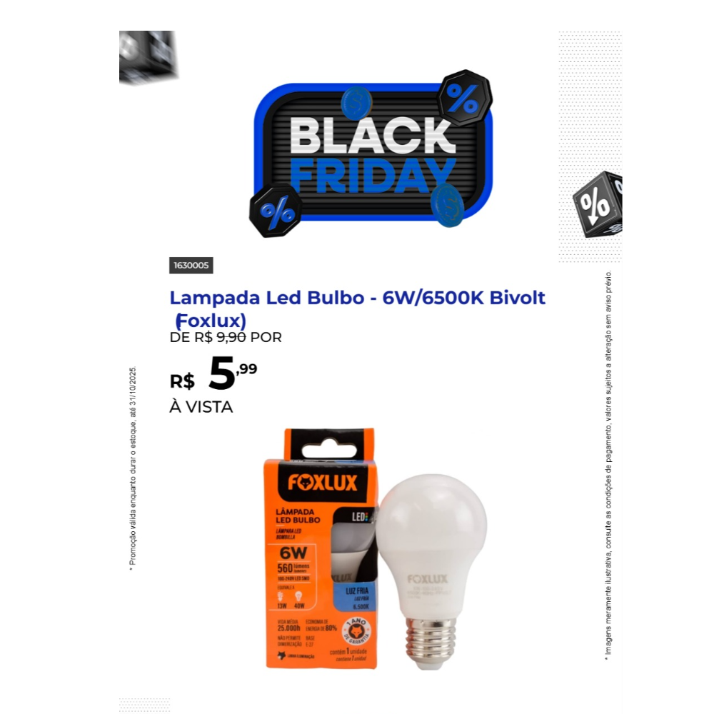 Lampada Led Bulbo - 6W/6500K Bivolt (Foxlux)